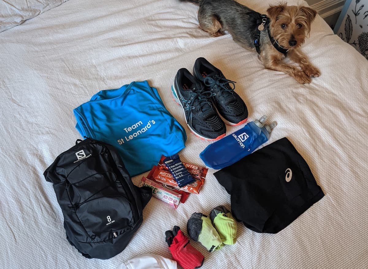 Running gear laid out on bed