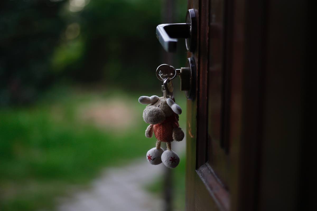 Keys in a front door with a funny keyring.