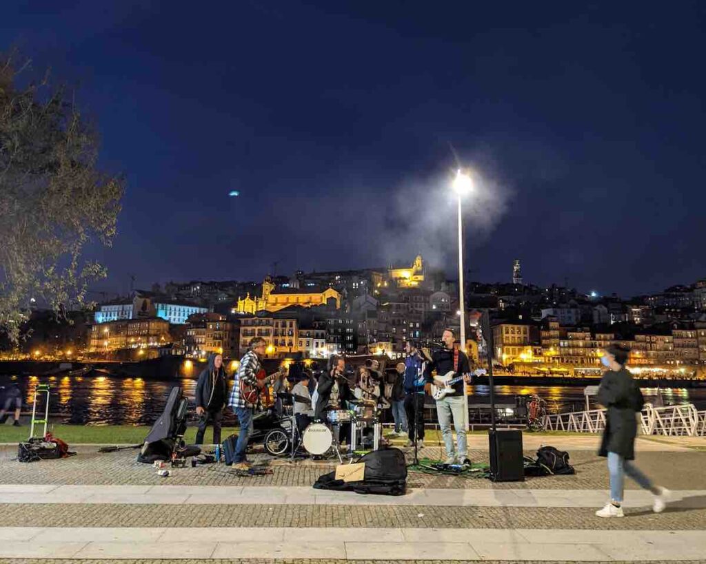 Running in Porto at Night and Encountering a Live Band Playing Music