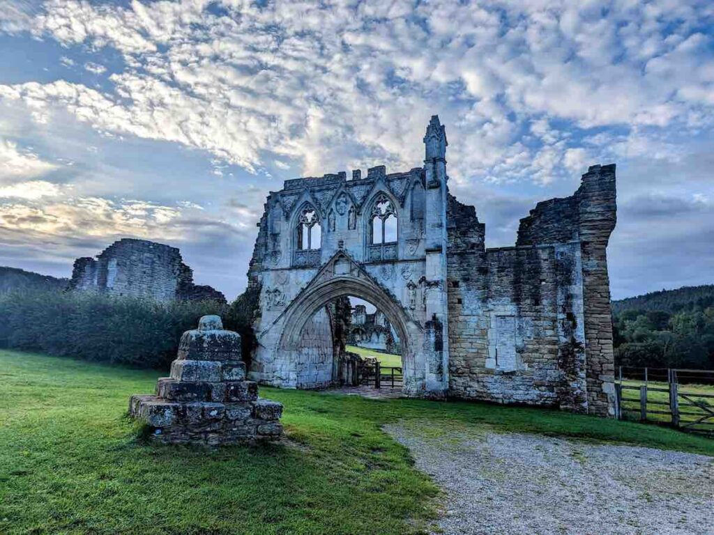 English Heritage Kirkham Priory entrance - view from the car park before it opens