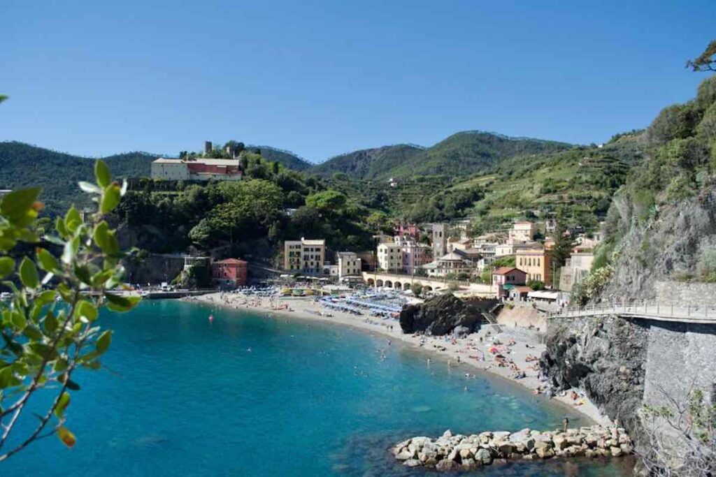 View of Spiaggia Tragagia beach from Monterosso al Mare old town