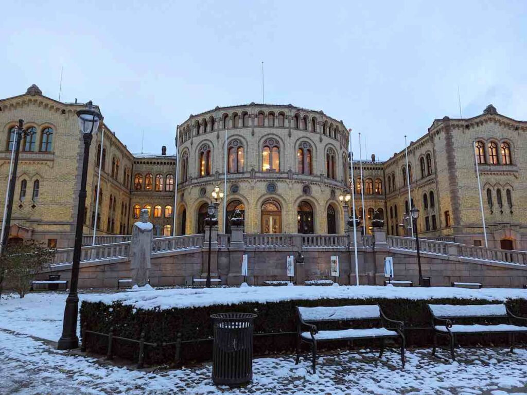 The parliament of Norway, Oslo, in the snow